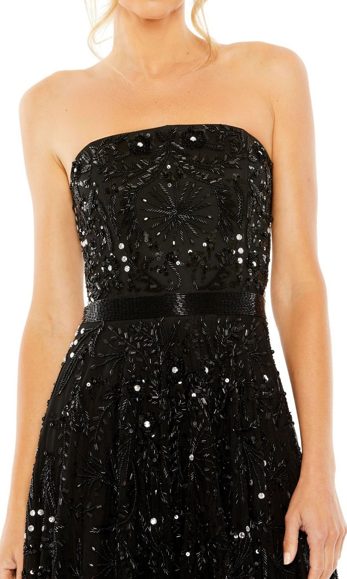 Woman wearing the Mac Duggal 93898 Strapless Wedding Guest Dress, featuring intricate beadwork and sequin embellishments, photographed from shoulders to waist against a white background.